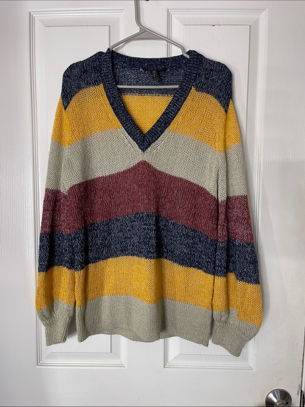 BCBGMAXAZRIA Mohair V-Neck Pullover In Striped Metallic  size small